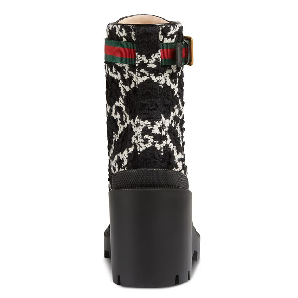 Gucci Black White GG Logo Tweed Lace Up Tie Block Heel Lug Sole Combat Boot 36.5 - Picture 15 of 16